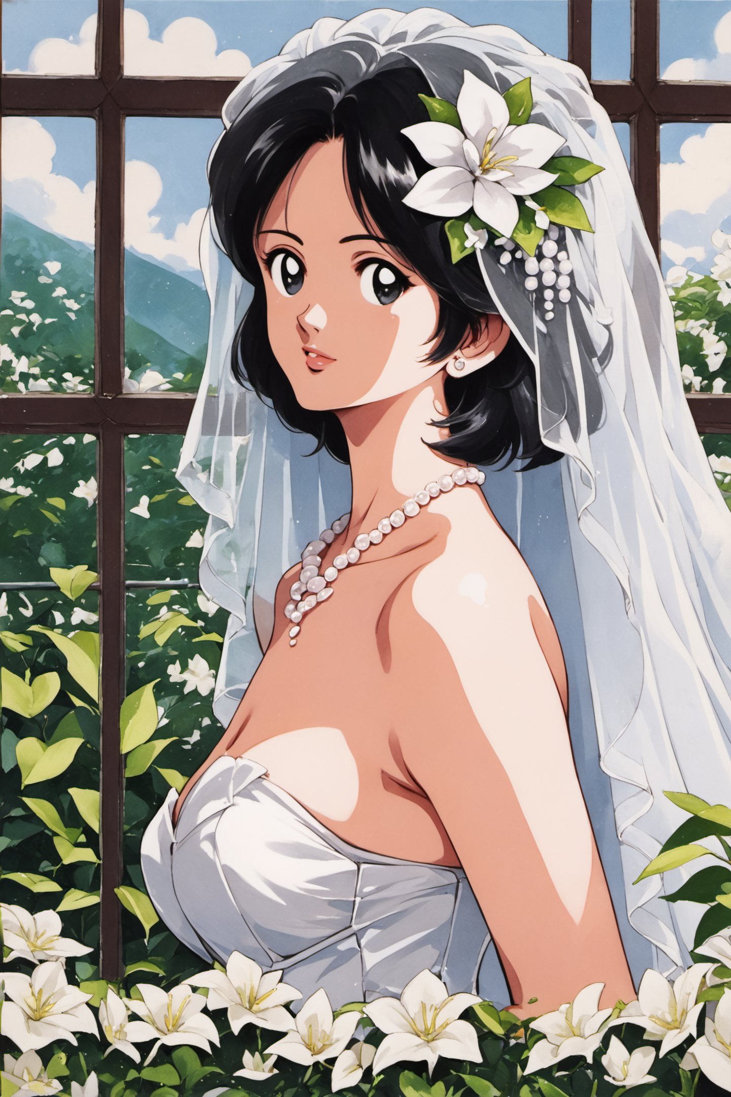 28180-4072037915-1girl,jewelry,solo,flower,necklace,black hair,dress,medium hair,hair ornament,veil,hair flower,white flower,wedding dress,window.png